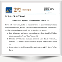 Komunikadu Imprensa Akizasaun Timor Telecom S.A.